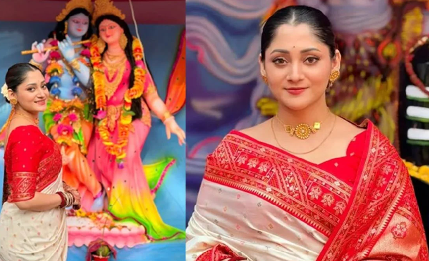 ‘এক দুর্গার সামনে আরেক দুর্গা’, পূজা চেরীর সাজে মুগ্ধ ভক্তরা